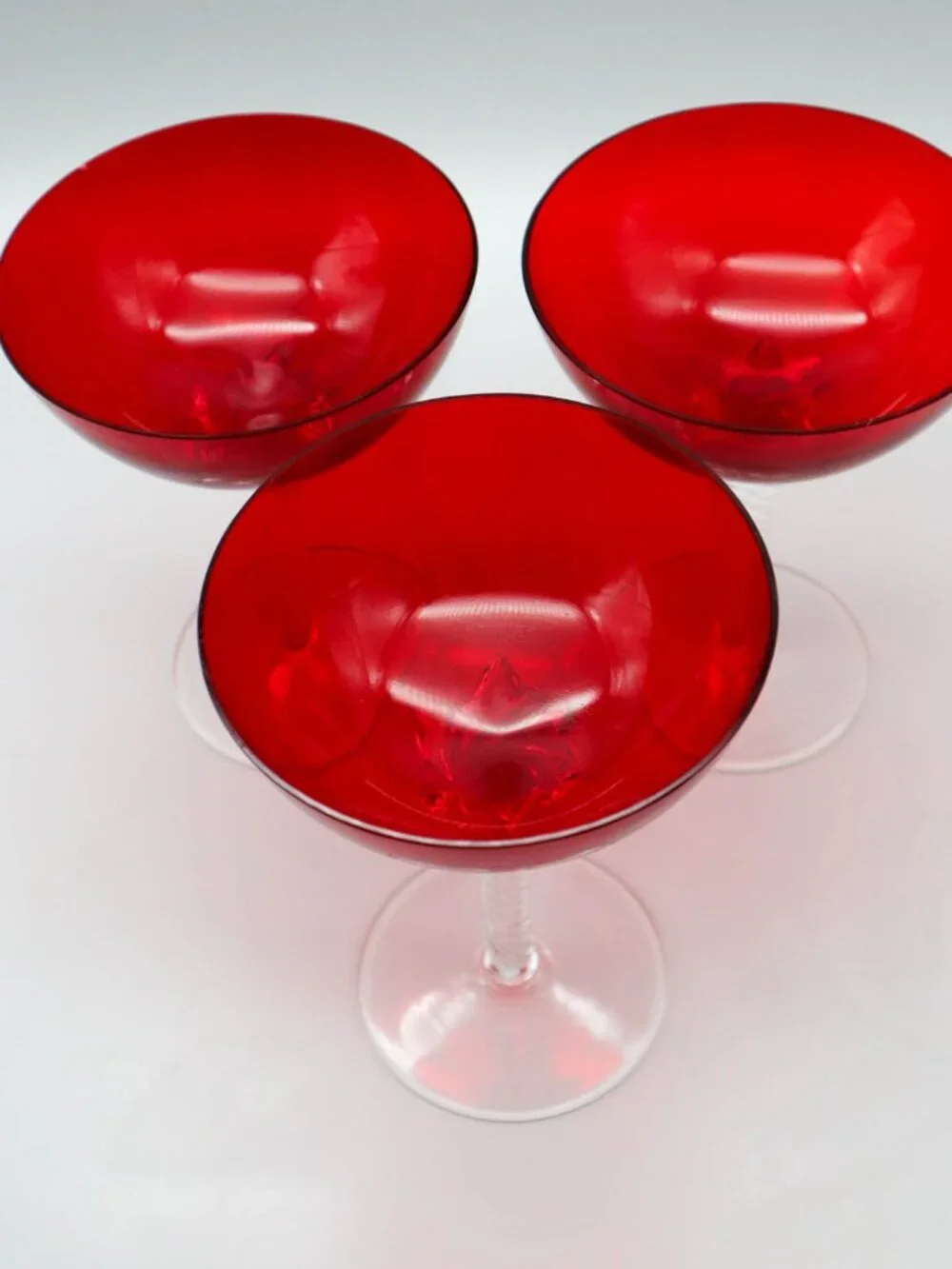 Vintage Ruby Red Crystal Champagne Coupe Cocktail Glasses Twisted Stem Art Deco